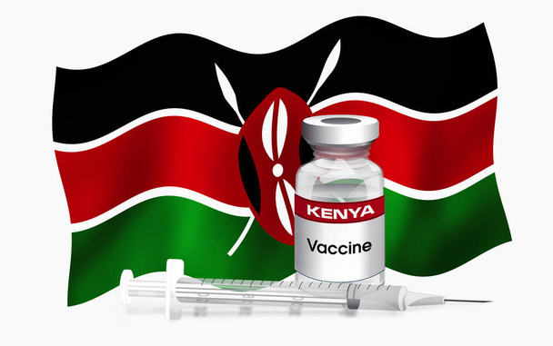 Σημαία εμβλήματος της Κένυας με φιαλίδιο αντιβιοτικού για εμβολιασμό ασθενειών. Εικονογράφηση της σημαίας της Κένυας με φιαλίδιο εμβολίου και σύριγγα. Εμβολιασμός αντίληψης σειράς - Φωτογραφία, εικόνα