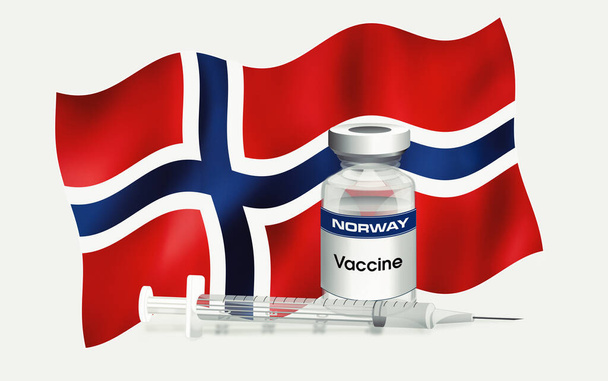 Σημαία νορβηγικού εμβλήματος με φιαλίδιο αντιβιοτικού για εμβολιασμό ασθενειών. Εικονογράφηση της σημαίας της Νορβηγίας με φιαλίδιο εμβολίου και σύριγγα. Εμβολιασμός αντίληψης σειράς - Φωτογραφία, εικόνα