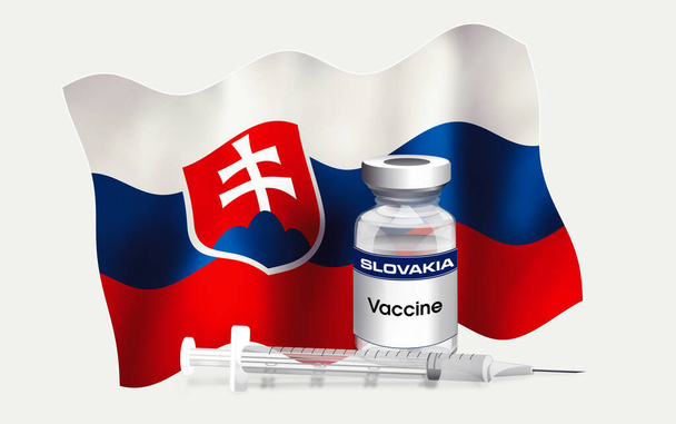 Σημαία εμβλήματος της Σλοβακίας με φιαλίδιο αντιβιοτικού για εμβολιασμό ασθενειών. Εικονογράφηση της σημαίας της Δανίας με φιαλίδιο εμβολίου και σύριγγα. Εμβολιασμός αντίληψης σειράς - Φωτογραφία, εικόνα