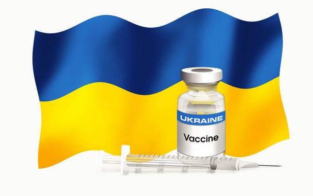 Σημαία ουκρανική έμβλημα με φιαλίδιο αντιβιοτικού για τον εμβολιασμό ασθενειών. Εικονογράφηση της σημαίας της Ευρώπης με φιαλίδιο εμβολίου και σύριγγα. Εμβολιασμός αντίληψης σειράς - Φωτογραφία, εικόνα