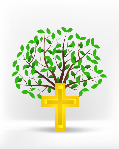 Золотой крест перед зеленым деревом
 - Вектор,изображение