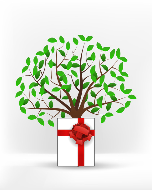 Подарочная коробка перед зеленым деревом
 - Вектор,изображение
