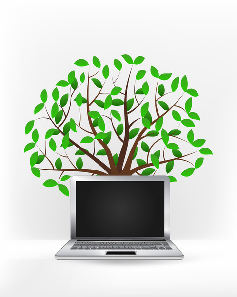 New laptop in front of green tree - Vector, Image