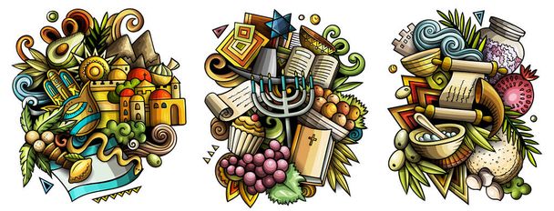 イスラエルの漫画ラスタードアのデザインが設定されます。イスラエルのオブジェクトやシンボルの多くとカラフルな詳細な組成物。白絵に孤立 - 写真・画像