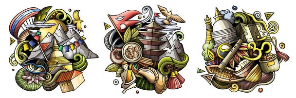 Nepal sarjakuva rasteri doodle mallit asetettu. Värikkäitä yksityiskohtaisia sävellyksiä, joissa on paljon Nepalin esineitä ja symboleja. Eristetty valkoiset kuvat - Valokuva, kuva
