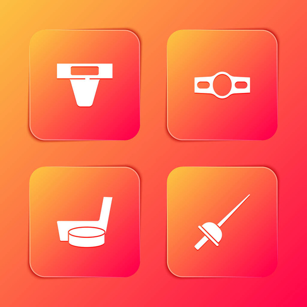 Set Groin guard, Boxing belt, Ice hockey stick and puck and Fencing icon. Vector - Vector, Image