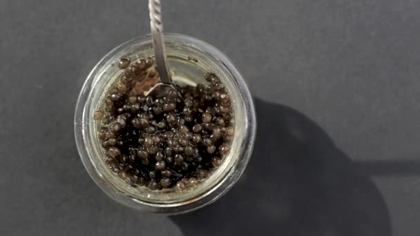 Černá kaviár ve skleněné sklenici s ledem - Záběry, video