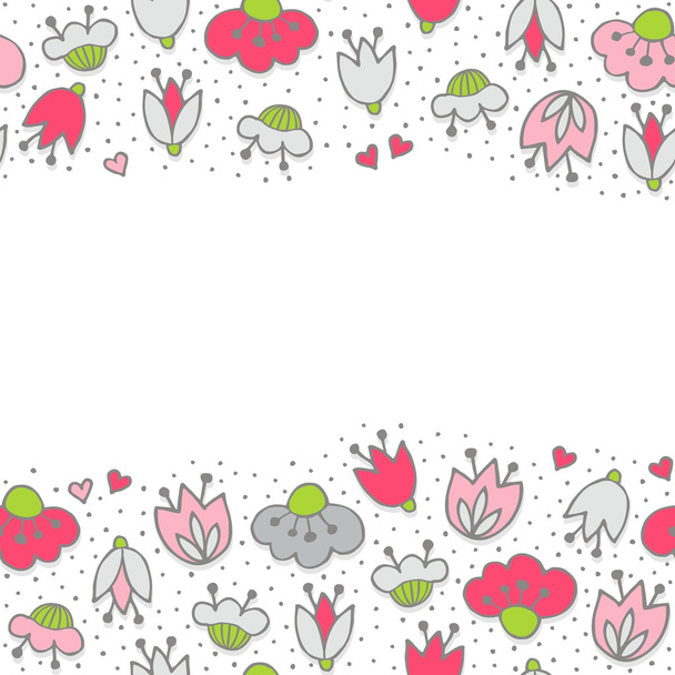 Messy different colorful pink gray flowers and hearts on white background with little dots retro romantic botanical seamless double horizontal border - Vector, Image
