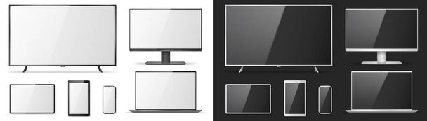 TV-Bildschirm, LCD-Monitor, Notebook, Tablet-Computer, Handy-Vorlagen. Elektronische Geräte - Vektor, Bild