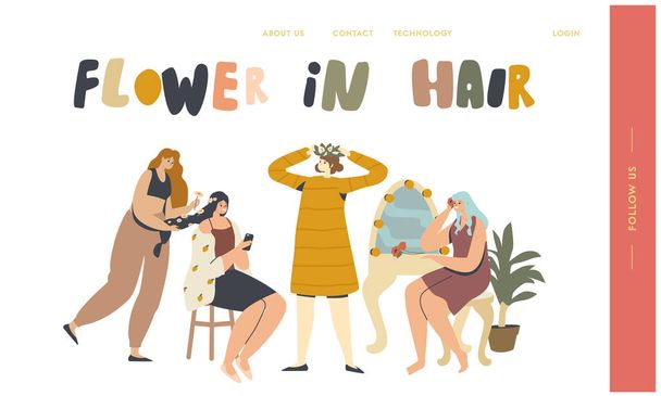 Personnages féminins décorer les fleurs de cheveux Landing Page Template. Femmes font coiffure avec couronne de fleurs pour mariage - Vecteur, image