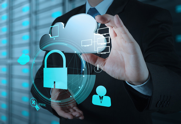 zakenman hand 3d wolk pictogram met hangslot weergeven als internet sec - Foto, afbeelding