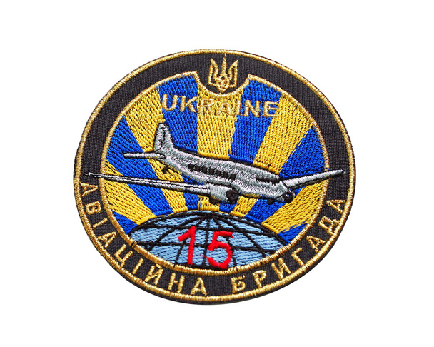chevron des ukrainischen Militäroffiziers (sky force). Legende: 15 Fliegerbrigaden. - Foto, Bild