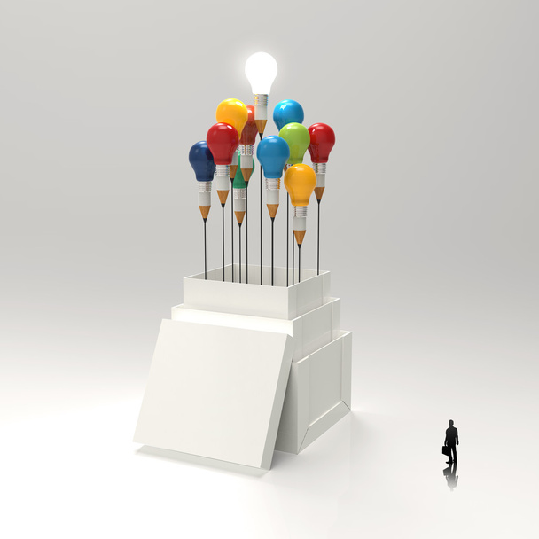 бизнесмен смотрит на концепцию 3D-карандаша и лампочки снаружи
  - Фото, изображение