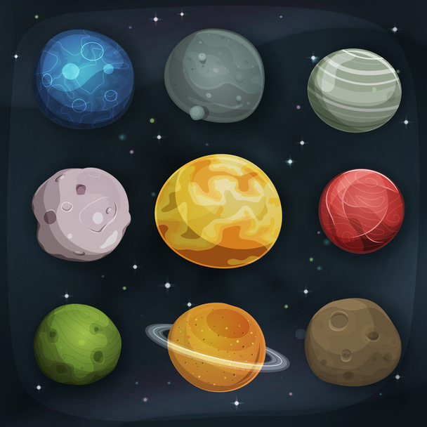 Comic Planets Set On Space Background - Vector, Image