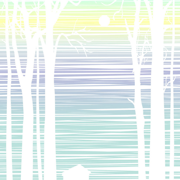 malý domek v lese na barevném pruhovaném pozadí, slunce na duhové obloze, bujné siluety vysokých stromů, světelná vektorová ilustrace - Vektor, obrázek