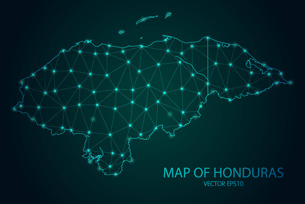 Carte du Honduras - Avec des échelles de points et de lignes lumineuses sur le fond gradient sombre, connexions réseau polygonales en maille 3D. Illustration vectorielle eps10. - Vecteur, image