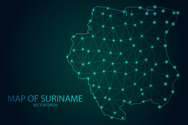 Carte du Suriname - Avec des échelles de points et de lignes lumineuses sur le fond dégradé sombre, des connexions réseau polygonales en maille 3D. Illustration vectorielle eps10. - Vecteur, image