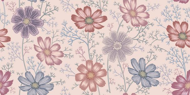 Seamless colourful spring floral pattern. Flowering plants. Vintage vector. Cute garden flowers. Victorian style. Luxurious summer textiles, paper, wallpaper decoration. Ornamental cover. Pastel color - Vektor, obrázek