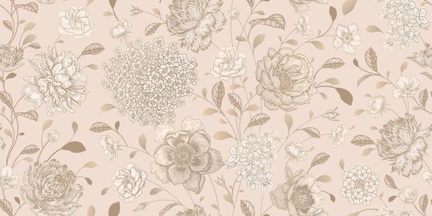Wedding seamless flower pattern. Vintage floral background vector. White and gold foil. Cute flowers roses peonies, hydrangea. Victorian style. For textiles, paper, wallpaper decoration. Luxury cover. - Vektori, kuva