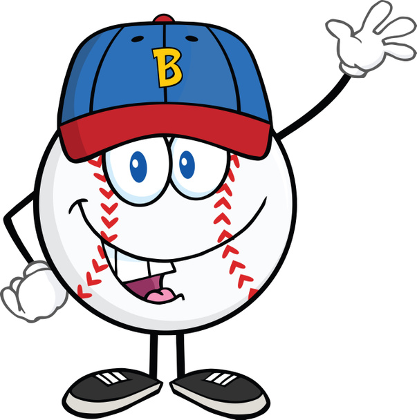 Balle de baseball avec chapeau Mascotte de dessin animé agitant le caractère
 - Photo, image
