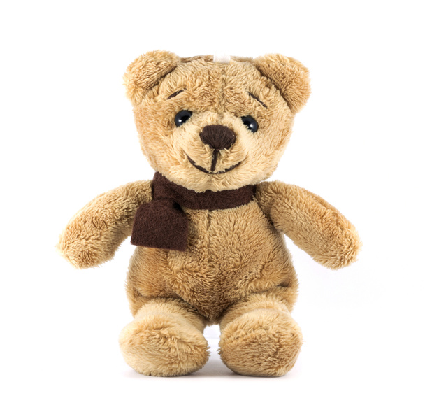 Teddybär braune Farbe mit Schal auf weißem Hintergrund - Foto, Bild