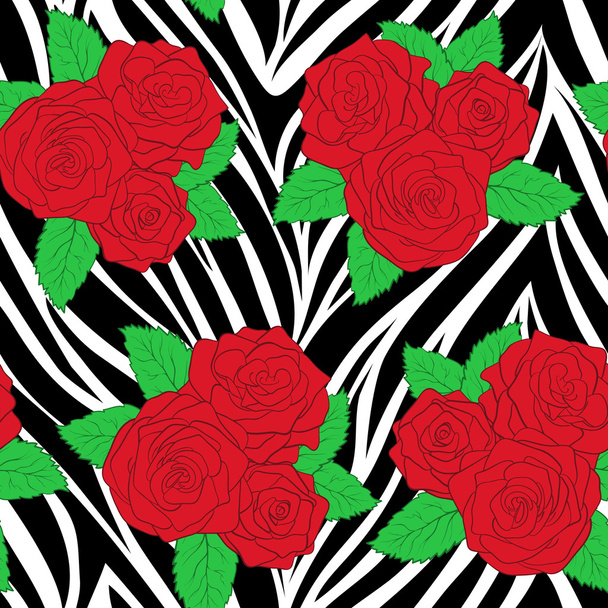 Bouquets of roses on animal zebra abstract print - Vector, Imagen