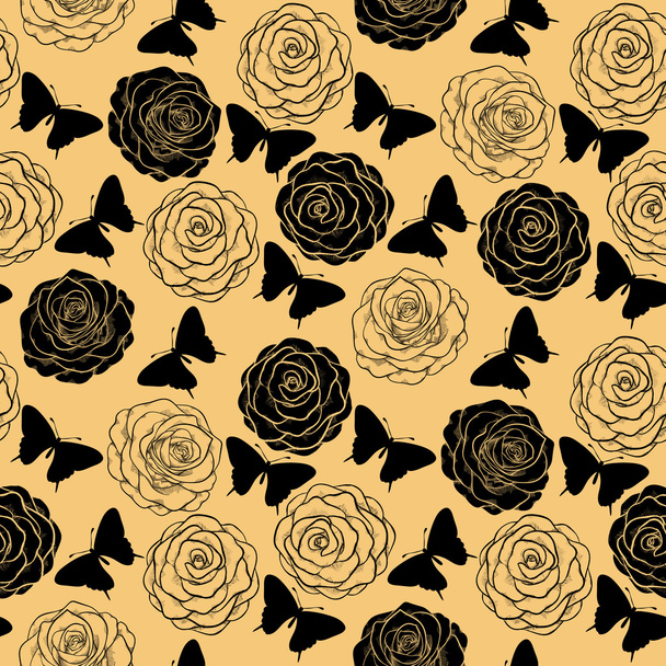  απρόσκοπτη υπόβαθρο με μονόχρωμη πεταλούδες και τριαντάφυλλα - Διάνυσμα, εικόνα
