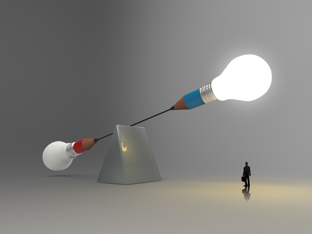 бизнесмен, стоящий с ложным балансом карандашной лампочки, как с
 - Фото, изображение