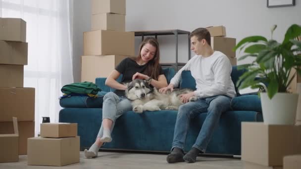 Счастливая молодая семья с собакой, сидящей на мягком диване в новой просторной квартире после переезда и разговора. Вокруг много картонных коробок разного размера. Новый этап в жизни. - Кадры, видео