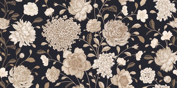 Seamless flower pattern. Vintage vector. Floral background. Black, white, gold. Garden flowers roses, peonies, hydrangea Victorian style. Luxury textiles, paper, wallpaper decoration. Ornamental cover - Vektori, kuva