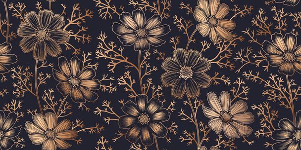 Seamless spring floral pattern. Gold foil print. Flowering plants. Vintage vector. Cute flowers chamomile. Victorian style. Luxurious summer textiles, paper, wallpaper decoration. Ornamental cover. - Vector, afbeelding