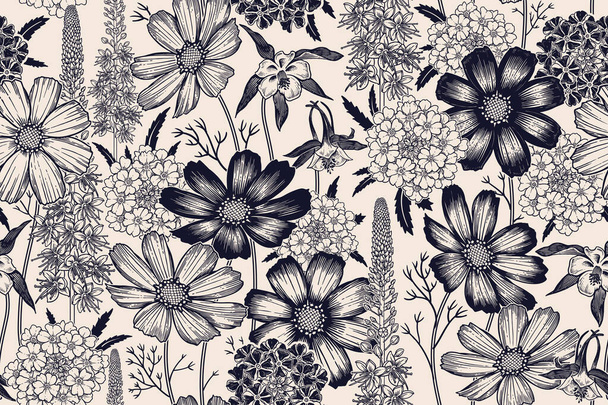 Black and white seamless spring floral pattern. Flowering plants. Vintage vector. Cute garden flowers. Victorian style. Luxurious summer textiles, paper, wallpaper decoration. Ornamental cover. - Вектор,изображение
