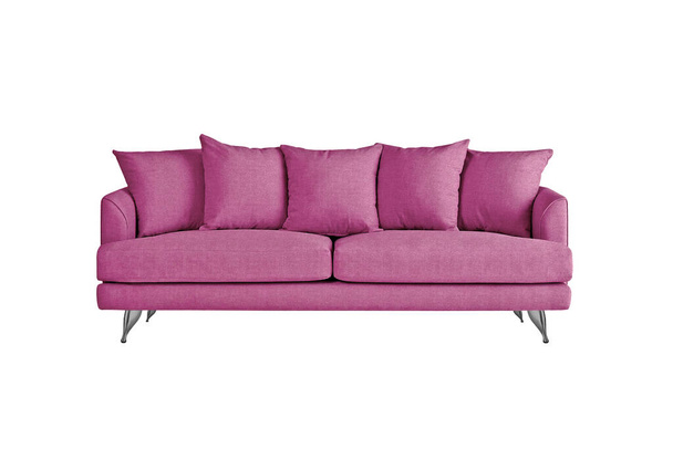 Ροζ υφασμάτινος καναπές σε βαμμένα μεταλλικά πόδια με μαξιλάρια που απομονώνονται σε λευκό φόντο. Σειρά επίπλων - Φωτογραφία, εικόνα