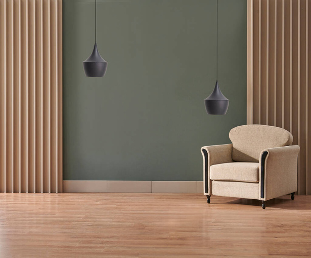 Fondo de salón de pared verde con sofá y concepto de lámpara. - Foto, imagen