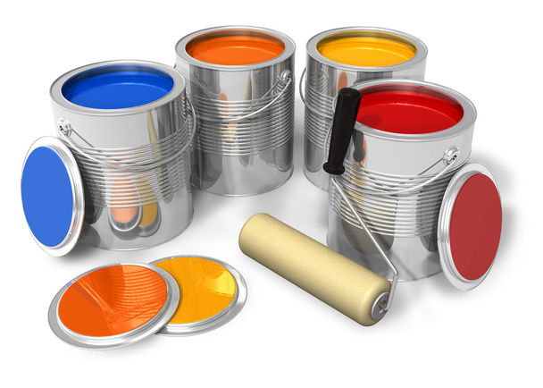 Cans with color paint and roller brush - Foto, Imagem