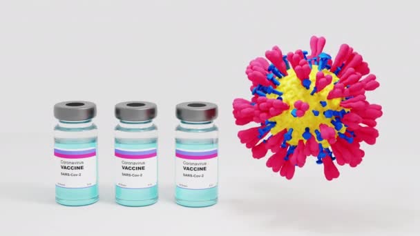 Gerçekçi 3 boyutlu animasyon. Bir koronavirüs hücresini koronavirüs aşısı ile yok etmek. Koronavirüslere karşı bir aşı icat etme fikri. İzole şırınga ve şişe. - Video, Çekim