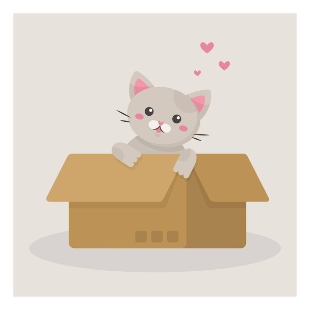 Un pequeño gatito gris se sienta en una caja de cartón.  - Vector, imagen