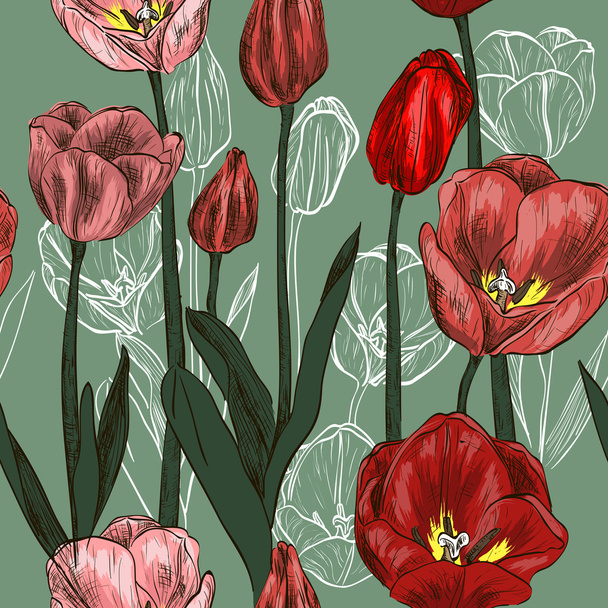 Seamless pattern with red and pink tulip flowers - Vector, Image