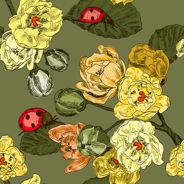 Seamless pattern with flowers and ladybird - Διάνυσμα, εικόνα