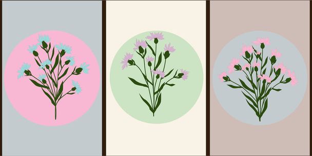 Collection of floral posters in pastel colors. Abstract geometric elements, leaves and flower buds. Design for social networks, banners, backgrounds, cards, prints.  - Vector, Image
