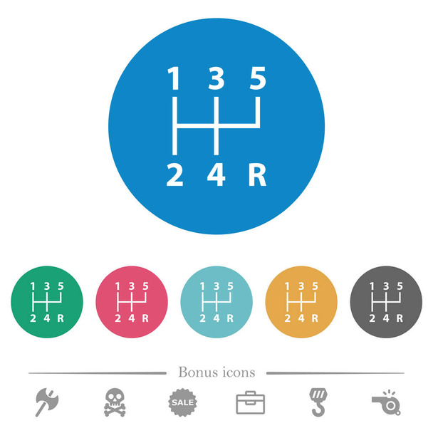 5 sebességes manuális sebességváltó lapos fehér ikonok kerek színben háttérrel. 6 bónusz ikonok tartalmazza. - Vektor, kép