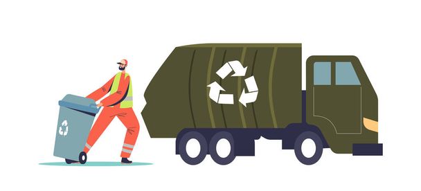 Conserje cargando contenedor de reciclaje con basura para separación. Basurero cargando residuos a camión - Vector, Imagen