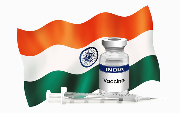 Σημαία ινδικού εμβλήματος με φιαλίδιο αντιβιοτικού για εμβολιασμό ασθενειών. Εικονογράφηση της σημαίας της Ινδίας με φιαλίδιο εμβολίου και σύριγγα. Εμβολιασμός αντίληψης σειράς - Φωτογραφία, εικόνα