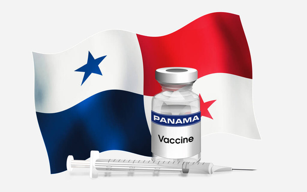 Σημαία εμβλήματος Παναμά με φιαλίδιο αντιβιοτικού για εμβολιασμό ασθενειών. Εικονογράφηση της σημαίας του Παναμά με φιαλίδιο εμβολίου και σύριγγα. Εμβολιασμός αντίληψης σειράς - Φωτογραφία, εικόνα