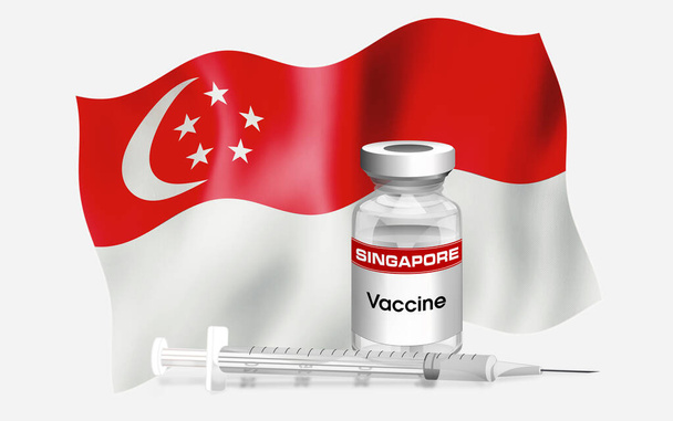 Bandera del emblema de Singapur con vial de antibiótico para la vacunación de enfermedades. Ilustración de la bandera de Singapur con vial de vacuna y jeringa. Serie Concepto Vacunación - Foto, imagen