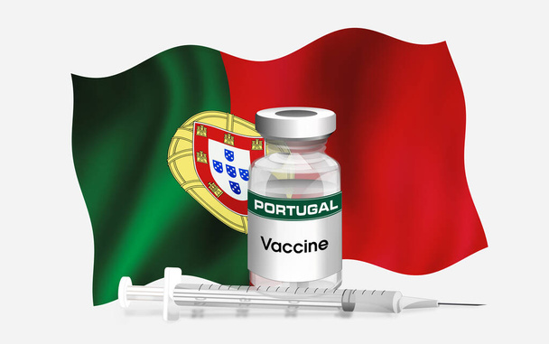Bandeira do emblema de Portugal com frasco de antibiótico para vacinação de doenças. Ilustração da bandeira de Portugal com frasco de vacina e seringa. Conceito de Série Vacinação - Foto, Imagem