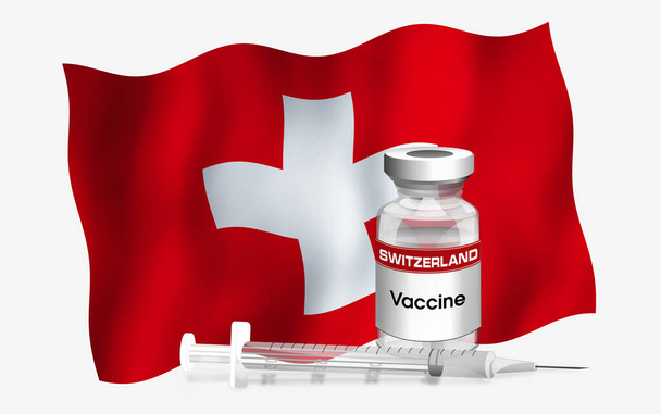 Σημαία εμβλήματος Ελβετίας με φιαλίδιο αντιβιοτικού για εμβολιασμό ασθενειών. Εικονογράφηση της σημαίας της Ελβετίας με φιαλίδιο εμβολίου και σύριγγα. Εμβολιασμός αντίληψης σειράς - Φωτογραφία, εικόνα