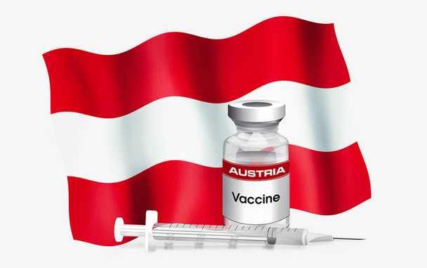 Σημαία του εμβλήματος της Αυστρίας με φιαλίδιο αντιβιοτικού για εμβολιασμό ασθενειών. Εικονογράφηση της αυστριακής σημαίας με φιαλίδιο εμβολίου και σύριγγα. Εμβολιασμός αντίληψης σειράς - Φωτογραφία, εικόνα