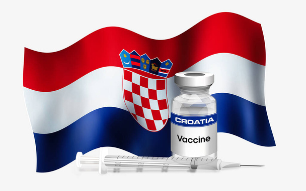Κροατική σημαία εμβλήματος με φιαλίδιο αντιβιοτικού για εμβολιασμό ασθενειών. Εικονογράφηση της σημαίας της Κροατίας με φιαλίδιο εμβολίου και σύριγγα. Εμβολιασμός αντίληψης σειράς - Φωτογραφία, εικόνα