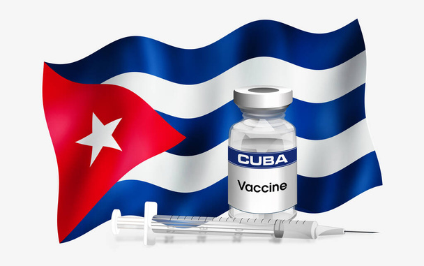 Κουβανέζικη σημαία εμβλήματος με φιαλίδιο αντιβιοτικού για εμβολιασμό ασθενειών. Εικονογράφηση της σημαίας της Κούβας με φιαλίδιο εμβολίου και σύριγγα. Εμβολιασμός αντίληψης σειράς - Φωτογραφία, εικόνα